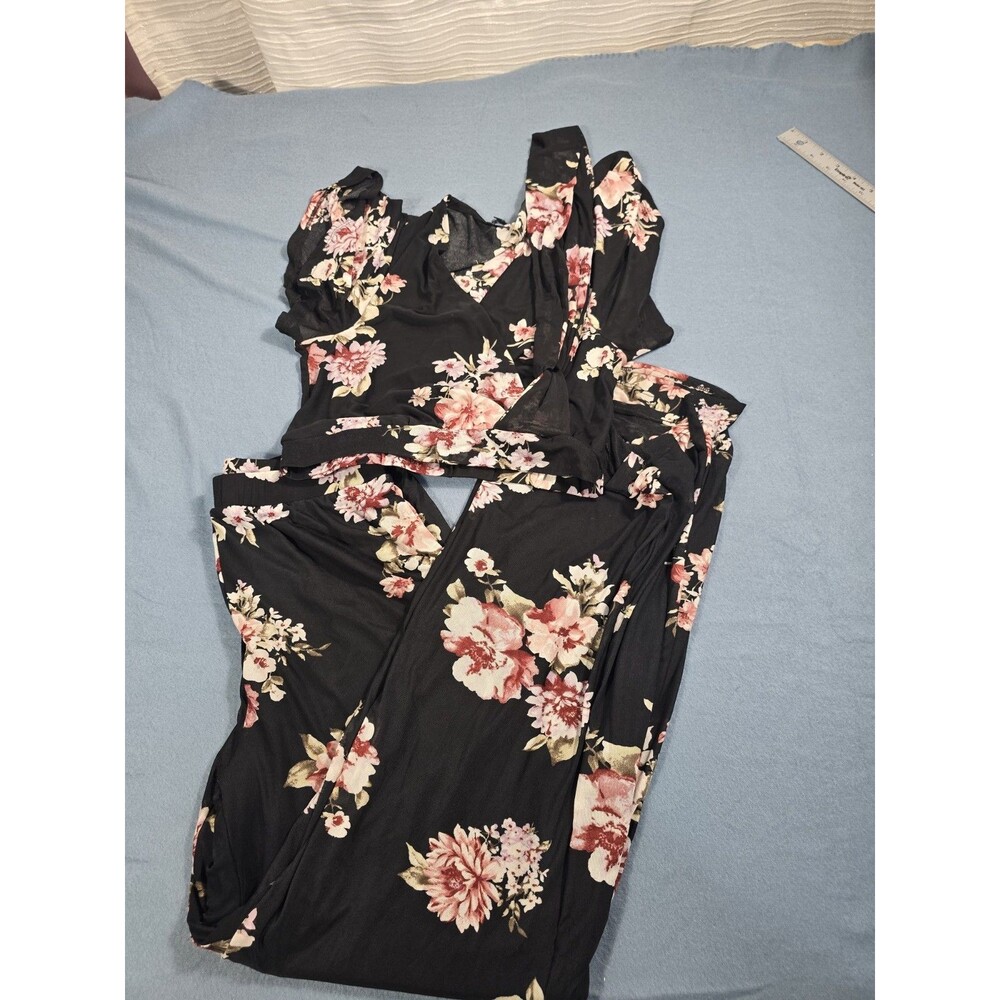 Biashe/Women’s Black Floral Print 2-Piece Crop Top/Wide-Leg Palazzo Pants Set/ M
